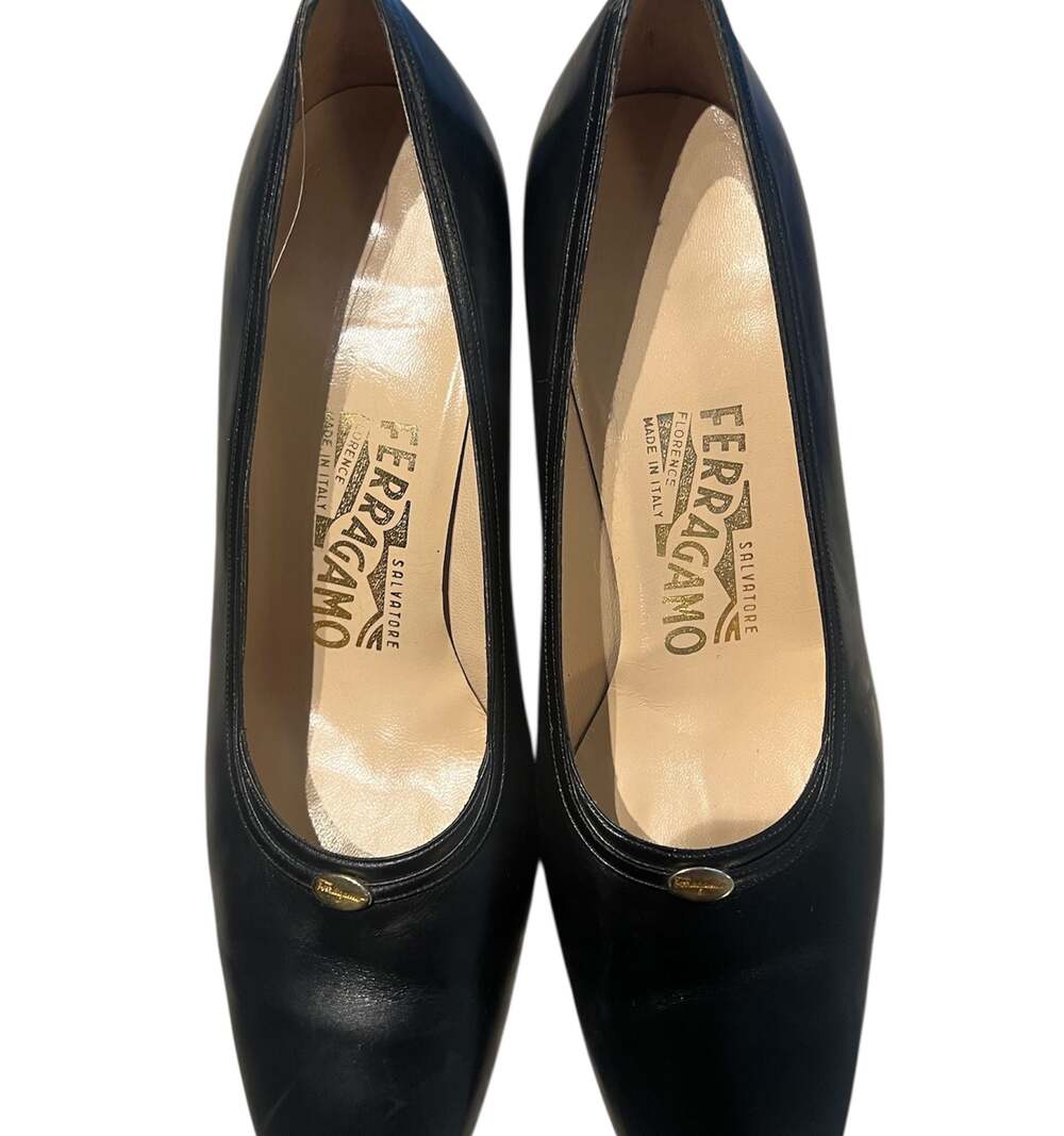 Vintage Salvatore Ferragamo Black Leather Mid Heel Pumps with Gold Logo Medallio